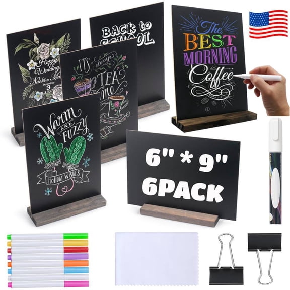 6 Pcs Chalkboard Signs Kit, 6 x 9 Inch Vintage Tabletop Chalk Board Sign with Base Stands - Double Side Mini Menu Boards Small Food Signs for Party Buffet Wedding Bar and Restaurant