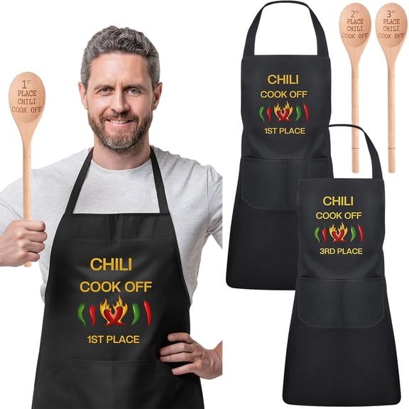 6 Pcs Chili Cook off Prizes Set Funny Chili Cook off Aprons Winner Black Apron Wooden Serving Spoon Contest Mixing Stir Spoon Gifts for Kitchen Husband Wife Men Women