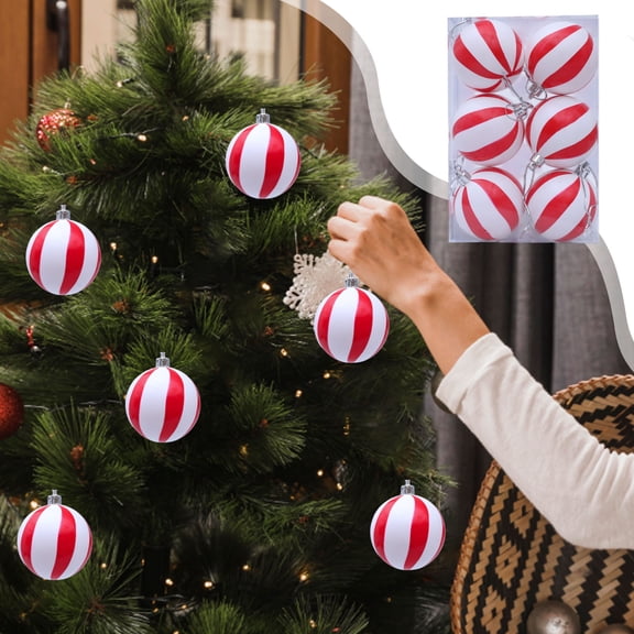 6 Pcs Christmas Ball Ornaments, Glittering Plastic Hanging Striped Decor, 2.36 Inch Circus Themed Birthday Carnival Party Decor, Candy Style Decor, Christmas Tree Decorations