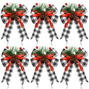 6 Pcs Christmas Bows Buffalo Plaid Bow Checkered Ribbon Bow With Pine Cone Christmas Tree Decoration Bows For Christmas Parties Christmas Trees Indoor Crafts(Black And Red) - Black and White