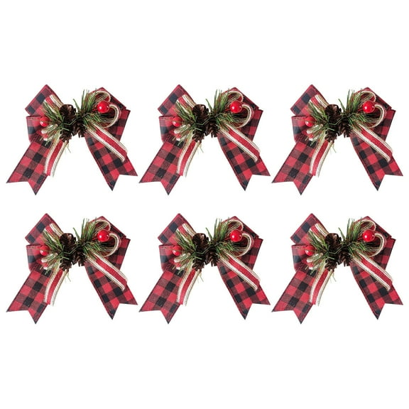 6 Pcs Christmas Bows,Christmas Burlap Plaid Bows with Pine Cones Pine Needles,Christmas Decoration Buffalo Plaid Bows,Xmas Wreath Bow,Bow Ornament for Tree Decor,Gift Wrapping(Red4)