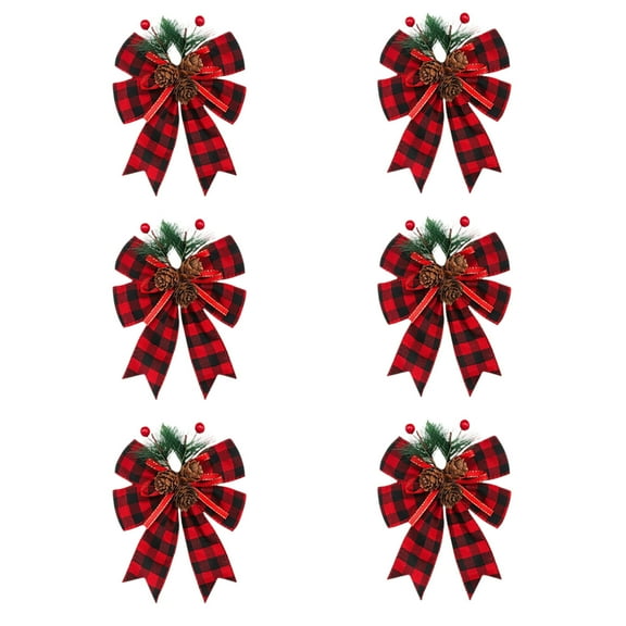 6 Pcs Christmas Bows with Pine Cones - Buffalo Plaid Ribbon Bows with Pine Needles for Christmas Tree Decorations, Wreaths, Garland, Indoor Outdoor Xmas Party Decor