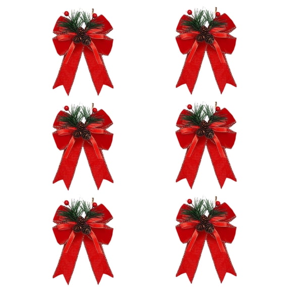 6 Pcs Christmas Bows with Pine Cones - Buffalo Plaid Ribbon Bows with Pine Needles for Christmas Tree Decorations, Wreaths, Garland, Indoor Outdoor Xmas Party Decor
