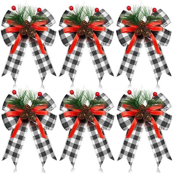 6 Pcs Christmas Bows with Pine Cones Pine Needles Xmas Bows Red Ribbon Christmas Tree Wreath Decoration for Xmas Parties Indoor Outdoor Crafts DIY Decor