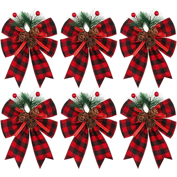 6 Pcs Christmas Bows with Pine Cones Pine Needles Xmas Buffalo Plaid Bows Black White Plaid Ribbon Christmas Tree Wreath Decoration for Xmas Parties Indoor Outdoor Crafts