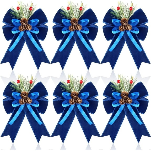 6 Pcs Christmas Bows with Pine Cones Pine Needles Xmas Velvet Bows Red Ribbon Christmas Tree Wreath Decoration for Xmas Parties Indoor Outdoor Crafts DIY Decor