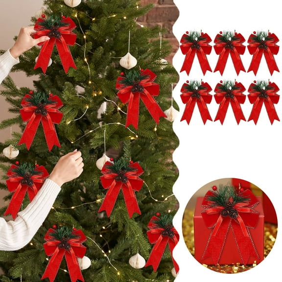 6 Pcs Christmas Burlap Bows with Pine Cones Pine Needles, Large Rustic Bows for Xmas Tree Wreath Holiday Crafts Home Party Decor Indoor Outdoor