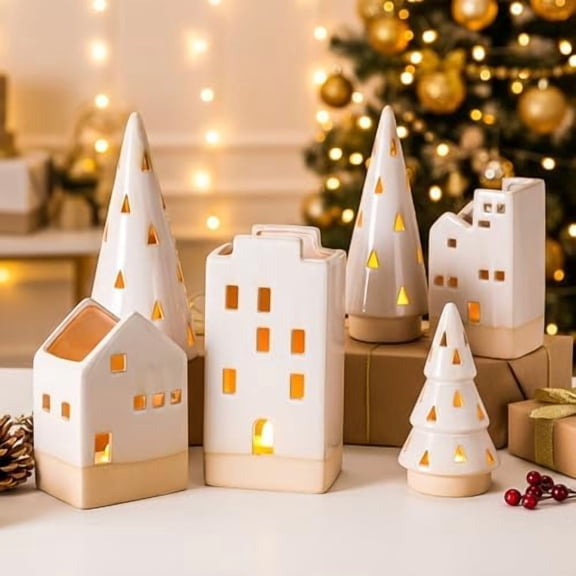 6 Pcs Christmas Ceramic Buildings Decoration, 4.4" to 9.4" White & Houses Tealight Candle Holders Centerpiece Set for Winter Holiday Village Tabletop Mantel$$Tools & Hardware Other