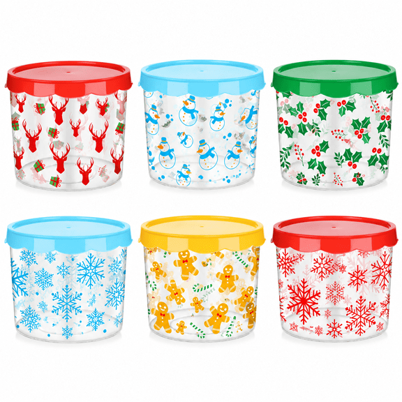 6 Pcs Christmas Cookie Containers Jar Storage Buckets with Lids Plastic Christmas Snowflake Gingerbread Cookie Containers Decorative Xmas Jar Winter Candy Snack Tin for Holiday Supply