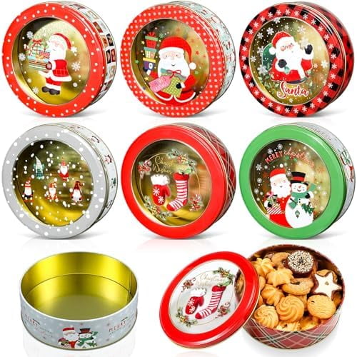 6 Pcs Christmas Cookie Tins with Lid Large Cookie Jars Metal Empty Tins Santa Snowman Tinplate Xmas Gift Box with Window for Christmas Holiday Party Treats Storage Container Gift Giving