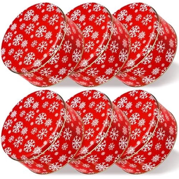 6 Pcs Christmas Cookie Tins with Lids 7 Inch Round Metal Snowflake Container Xmas Cookie Boxes Empty Holiday Decorative Tins for Gift Giving Baking Chocolate Snack Storage