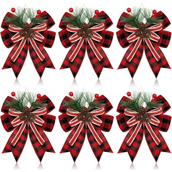 6 Pcs Christmas Decoration,Christmas Burlap Plaid Bow with Pine Cones Pine Needles Xmas Checkered Ribbon Bow Christmas Tree Decoration Bows for Christmas Parties Indoor Outdoor