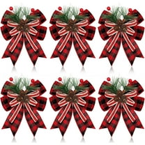 6 Pcs Christmas Decoration,Christmas Burlap Plaid Bow with Pine Cones Pine Needles Xmas Checkered Ribbon Bow Christmas Tree Decoration Bows for Christmas Parties Indoor Outdoor