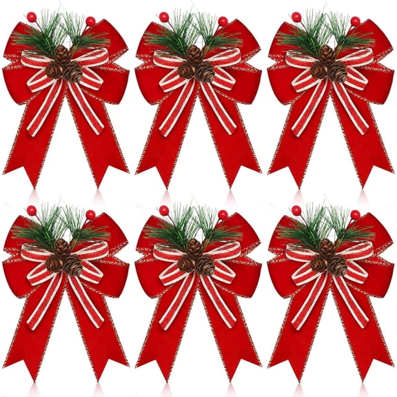 6 Pcs Christmas Decoration,Christmas Velvet Bow with Pine Cones Pine Needles Xmas Red Ribbon Bow Christmas Tree Decoration Bows for Christmas Parties Indoor Outdoor Crafts DIY Decor