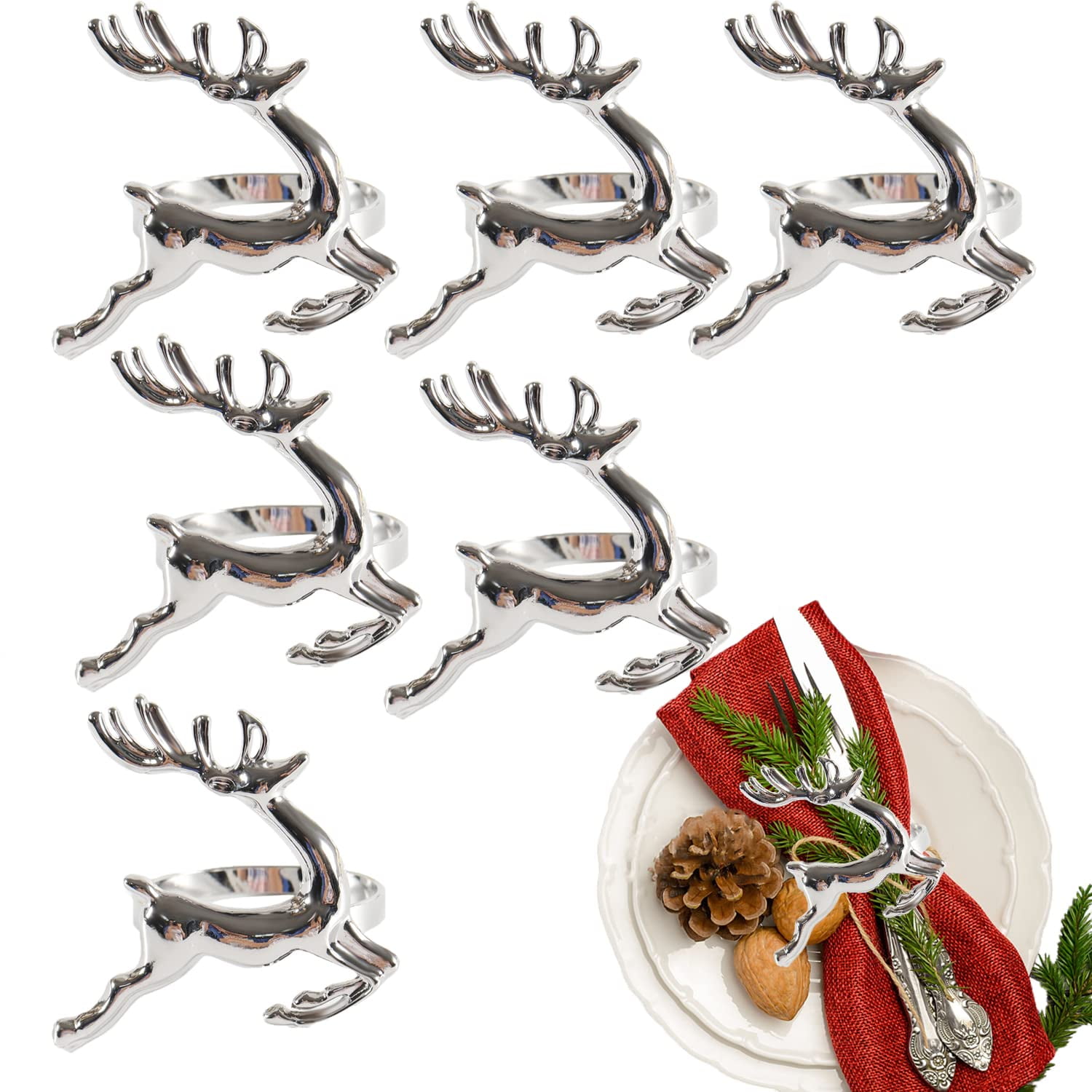 Patelai 6 Pcs Christmas Napkin Rings - Silver Metal Leaf, Reindeer & Snowflake Designs