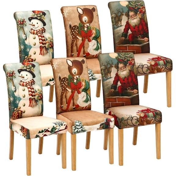 6 Pcs Christmas Dining Chair Covers Removable Washable Stretch Christmas Chair Covers with Santa Claus Elk Snowman Chair Protector Slipcovers for Xmas Kitchen Holiday Party Home Decor