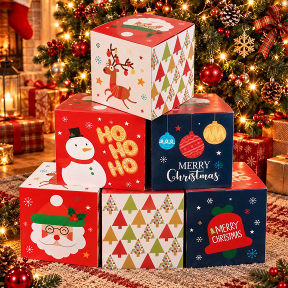 Teblint 6 Pcs Christmas Large Gift Boxes Decorations, 10"x10"x10" Stackable Holiday Present Box with Lid for Under Tree, Party Favors, Gift Packaging Indoor Outdoor Décor, Red
