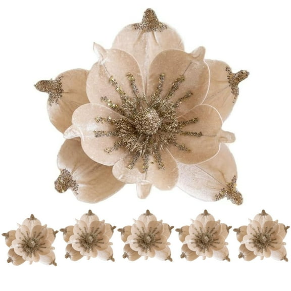 6 Pcs Christmas Glitter Flower Artificial Poinsettia Flowers with Stem 9.4inch Christmas Tree Flowers for Xmas Wedding Holiday Decor Wreath Garland Photo Prop