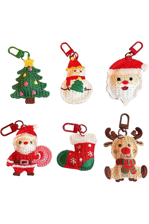 6 Pcs Christmas Keychain Knitted Christmas Socks Santa Claus Key Chains Women Cute Keychain Xmas Tree Deer Snowman Pendant Bag Charms Keychains