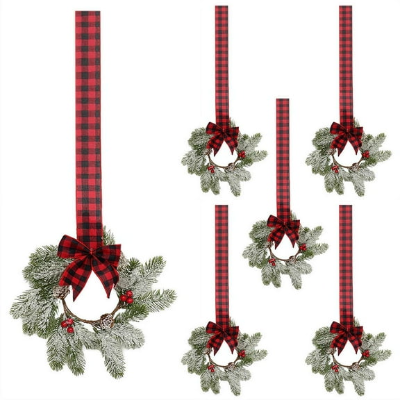 6 Pcs Christmas Kitchen Cabinet Mini Wreaths, 11" Christmas Candle Rings Wreaths with Ribbon Bows for Holiday Xmas Party Decor