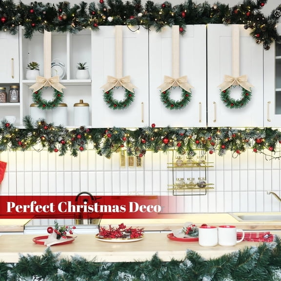6 Pcs Christmas Kitchen Cabinet Wreaths with Ribbon Bows & Red Berries | Mini Farmhouse Wreaths for Windows, Doors, Holiday Décor