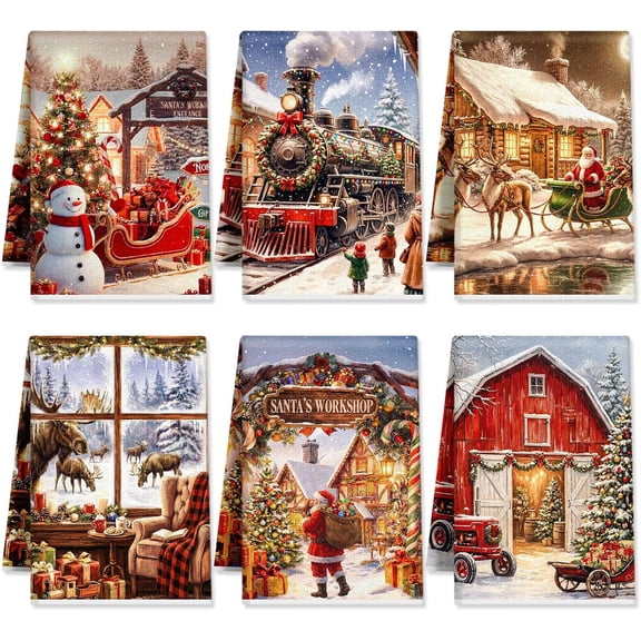 6 Pcs Christmas Kitchen Towels Santa Snowman | Xmas Decor Absorbent Elk Sleigh Steam Train Tea Towels Rustic Seasonal Holiday Dish Hand Towels for Housewarming Gift 16x24 inches