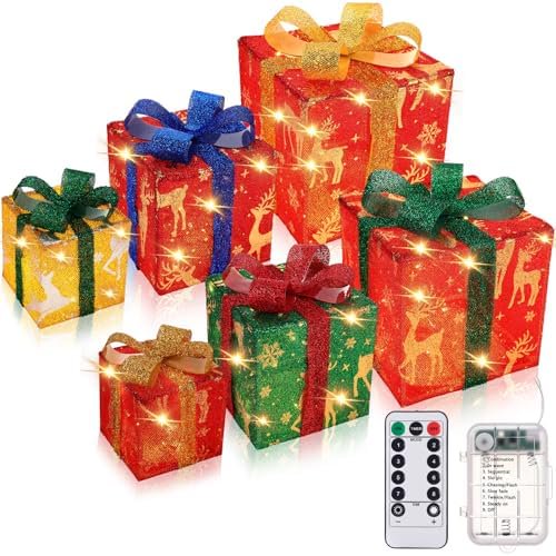 6 Pcs Christmas Lighted Gift Box Set Pre Lit Light up Xmas Decor Present Boxes with Battery Operated Warm Flashers for Light up Indoor Outdoor Tree Lawn Decor Yard Proposals Birthday Parties