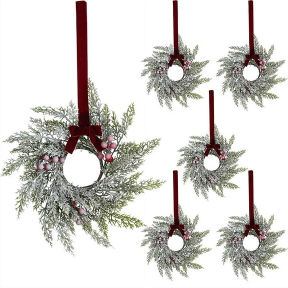 6 Pcs Christmas Mini Cabinet Wreaths for Kitchen with Ribbon Bows Red Berry Small Window Wreath for Window Door Farmhouse Christmas Party Decorations