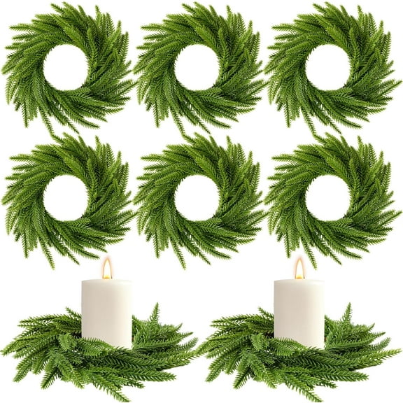 6 Pcs Christmas Norfolk Pine Candle Ring Wreaths 10 Inch Small Christmas Wreath Garland Artificial Green Pine Ornaments Xmas Table Centerpiece for Wedding Farmhouse Home Cabinets Window Decor