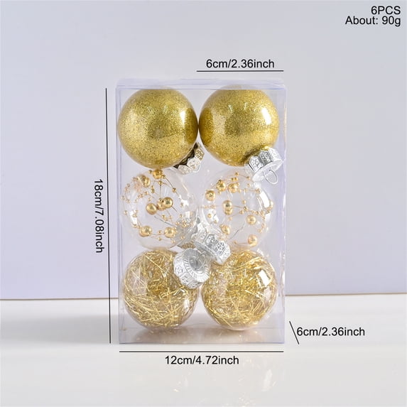 6 Pcs Christmas Ornaments Set, Gold Clear Ribbon-Filled Sequin Plastic Christmas Ball Ornament Set Clear Hanging Baubles for Custom Holiday Displays, Holiday Home Decor, 2 in
