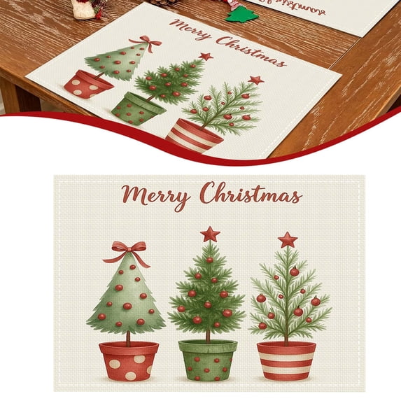 6 Pcs Christmas Placemats 11.81"x15.74" Washable Xmas Table Mats, Reusable Rectangular Table Mats, Heat Resistant Table Decor, Dining Placemats for Winter, Reindeer Snowman Christmas Tree Table Mat
