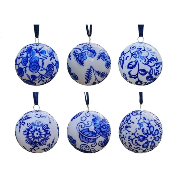 6 Pcs Christmas Porcelain Ball 2.4 Inch Blue and WhiteOrnament Bulk ...