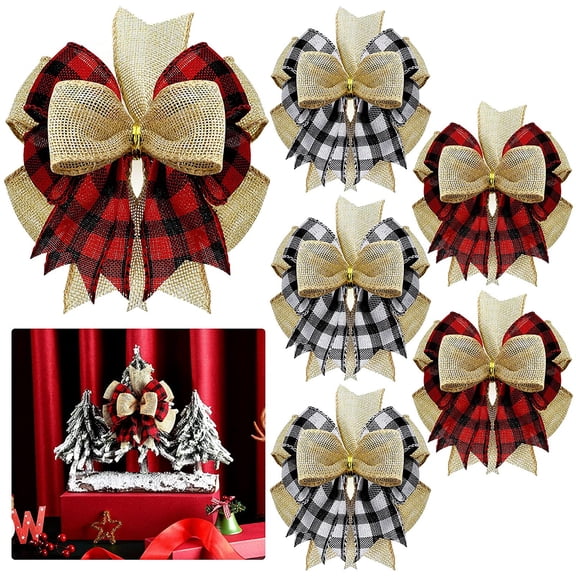 6 Pcs Christmas Premade Bows for Wreaths Buffalo Plaid Bows Xmas Plaid Gift Bows Burlap Wreaths Bows Christmas Tree Topper for Wedding Holiday Thanksgiving