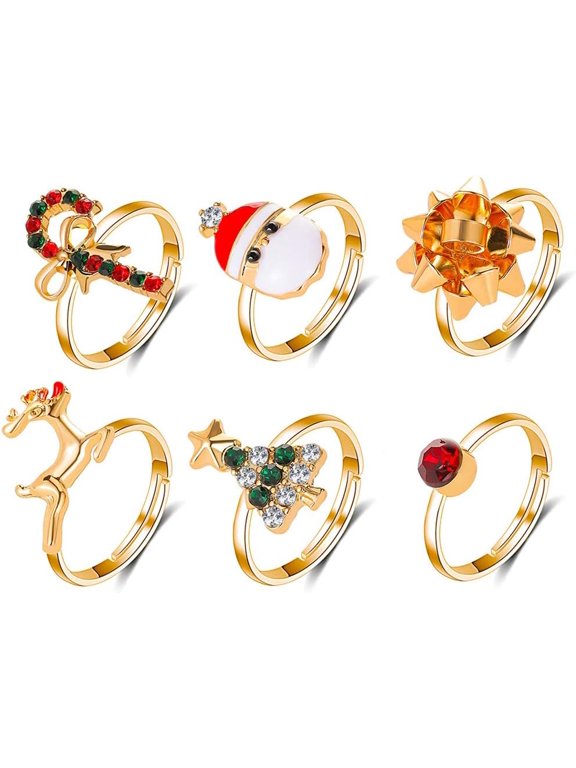 6 Pcs Christmas Rings Cute Cartoon Elk Christmas Tree Santa Rings Open Adjustable Knuckle Stacking Midi Rings Set