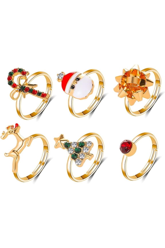 6 Pcs Christmas Rings Cute Cartoon Elk Christmas Tree Santa Rings Open Adjustable Knuckle Stacking Midi Rings Set