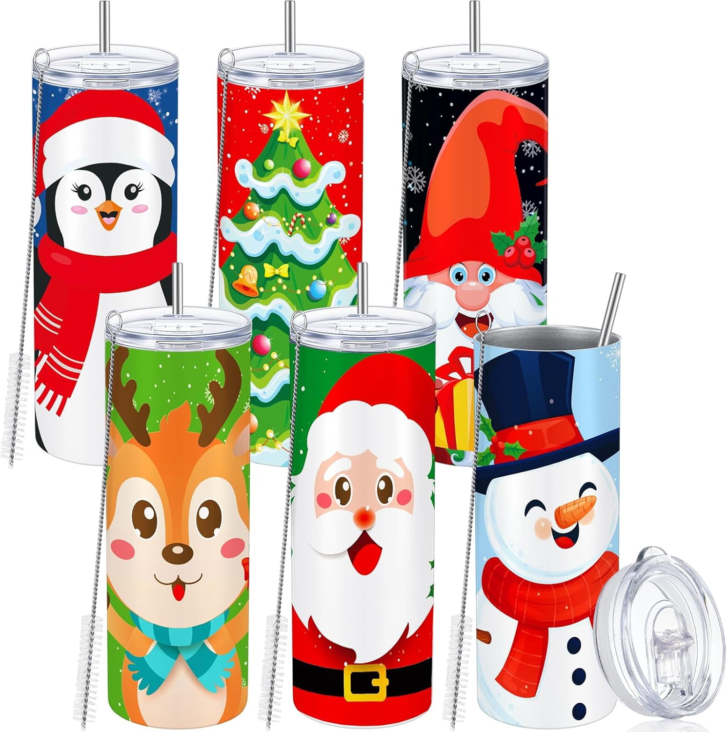 6 Pcs Christmas Skinny Tumblers Set 20 oz Christmas Stainless Steel