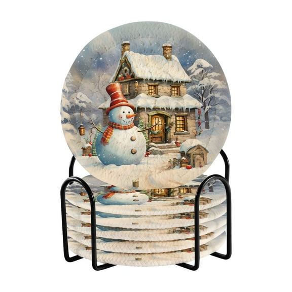 6 Pcs Christmas Snowman Drink Coasters with Holder Absorbent Coaster Sets Cup Heat-Resistant Hot Pads Mats for Bar Table Protection