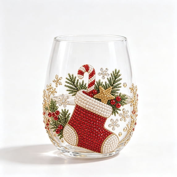 6 Pcs Christmas Stemless Wine Glasses Set, Sparkling Rhinestone Beaded Holiday Beverage Tumblers, Santa Tree Snowman Glassware, Festive Xmas Party Drinkware Gift