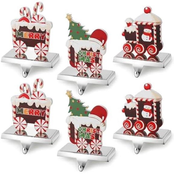 6 Pcs Christmas Stocking Holders for Mantle, Heavy Duty Metal Xmas Stocking Hangers Weighted Christmas Skid Mantel Hooks Hanger, Candy Train Elements for Fireplace Counter Window Decor