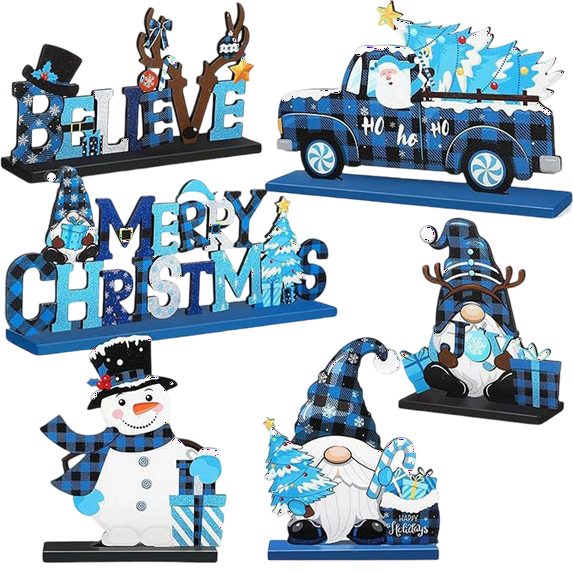 6 Pcs Christmas Table Decorations, Wooden Christmas Table Centerpieces, Xmas Snowman Claus Gnome Signs Merry Xmas Toppers