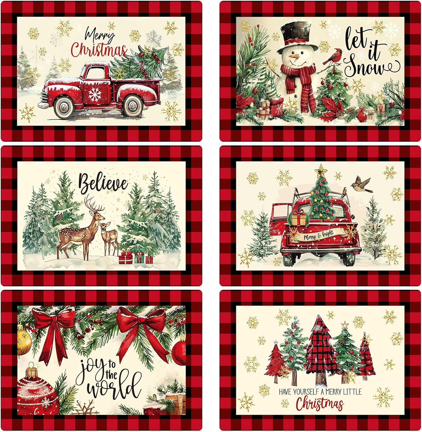 6 Pcs Christmas Watercolor Placemats 12 x 17 Inches Xmas Plastic Placemats Set of 6 Wipeable Table Vinyl Mats for Dining Kitchen Indoor Outdoor Party Holiday Decoration (Let it Snow)