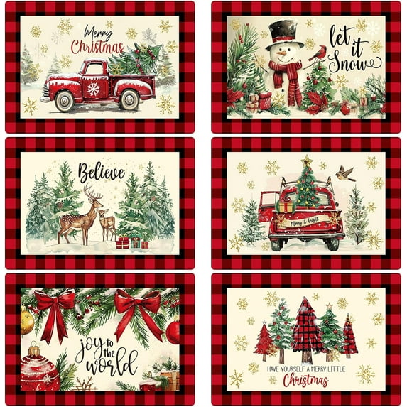 6 Pcs Christmas Watercolor Placemats 12 x 17 Inches Xmas Plastic Placemats Set of 6 Wipeable Table Vinyl Mats for Dining Kitchen Indoor Outdoor Party Holiday Decoration (Let it Snow)
