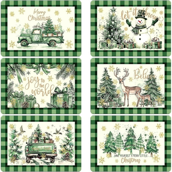 6 Pcs Christmas Watercolor Placemats 12 x 17 Inches Xmas Plastic Placemats Set of 6 Wipeable Table Vinyl Mats for Dining Kitchen Indoor Outdoor Party Holiday Decoration (Green,Elegant)
