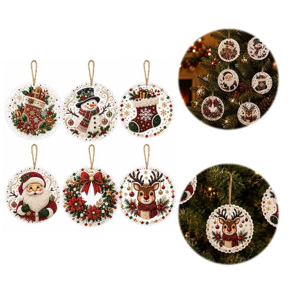 6 Pcs Christmas Wooden Ornament Set DIY Painting Design Rhinestone Pearl Accents Hemp Rope Hanging for Xmas Tree Wreath Holiday Decor Handmade Craft Gift (Style E)
