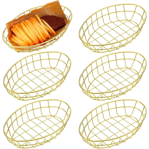 6 Pcs Chrome Oval Metal Wire Baskets Bread Serving Decorative Sandwich Container for Fruit Burger Kitchen Restaurant (9.5 x 6.2 x 2.2 Inch)