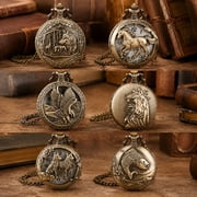 6 Pcs Classical Vintage Pocket Watches Set, Embossed Horse Wolf Eagle Pocket Watch Collection, Silver Decorative Quartz Timepieces for Collectors, Fathers Day, Birthday, Gift Giving