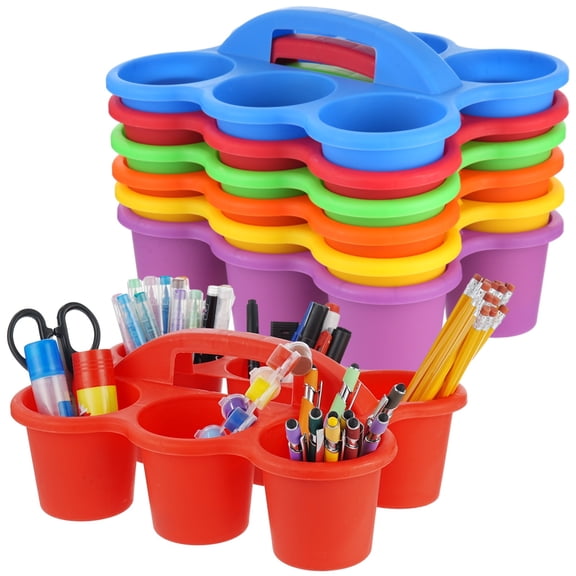 6 Pcs Classroom Caddy Organizer, Desktop Plastic Caddy, Drink Holder with 6-Compartment & Handle, Multifunctional Storage Holder for Crayons, Pencils, Markers & Office Supplies (Multicolor)
