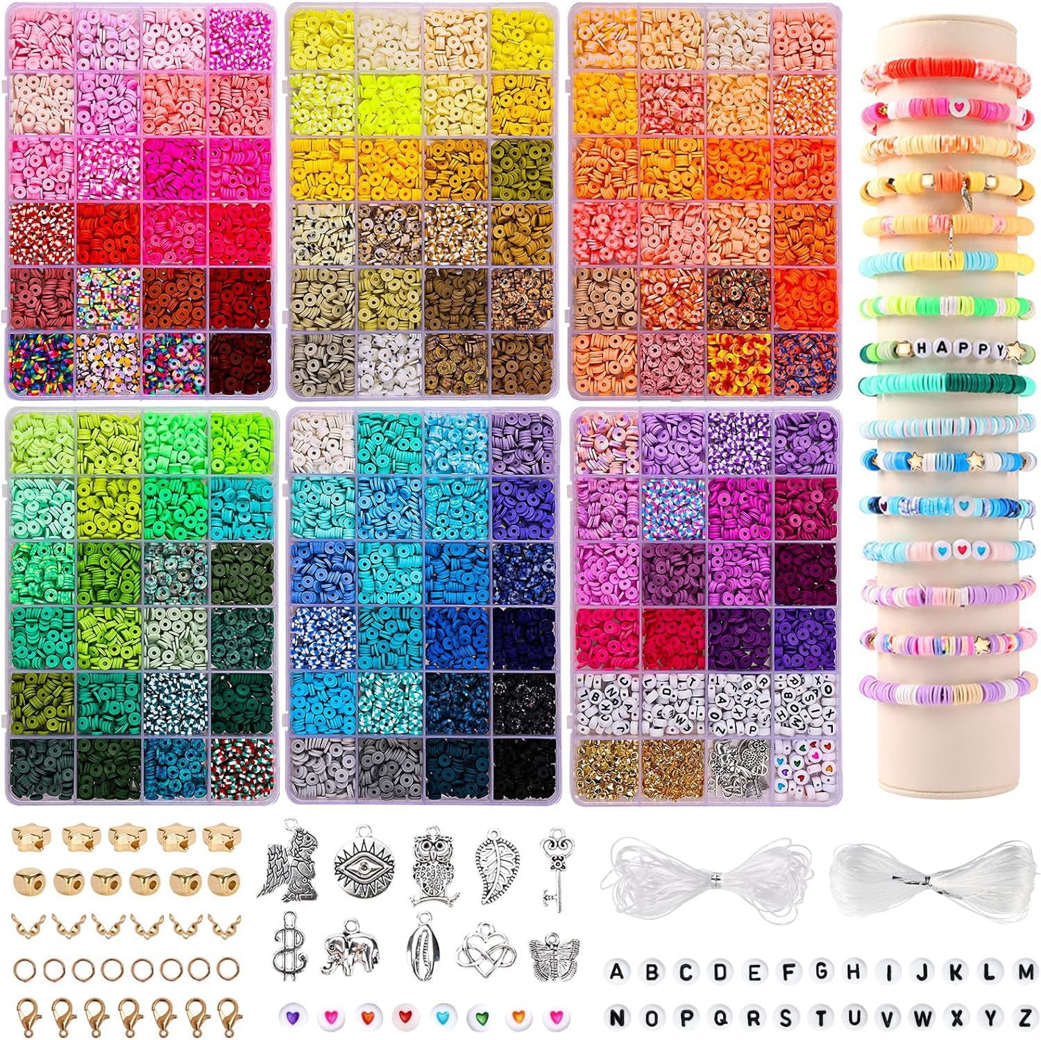 6 Pcs Clay Beads Bracelet Making Kit for Beginner,Polymer Clay Beads with Charms Kit for Jewelry Making, DIY Arts and Crafts Birthday Gifts