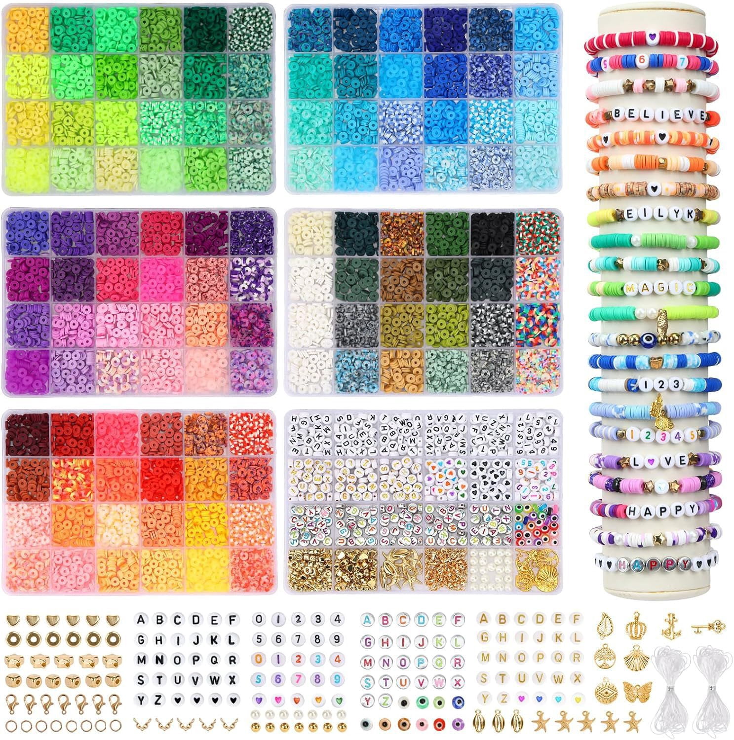 6 Pcs Clay Beads Bracelet Making Kit for Beginner,Polymer Clay Beads with Charms Kit for Jewelry Making, DIY Arts and Crafts Birthday Gifts