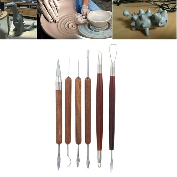 KALLORY 6-Piece Clay and Wood Sculpting Hand Tools Set with Various Shapes for Pottery Carving and Crafting